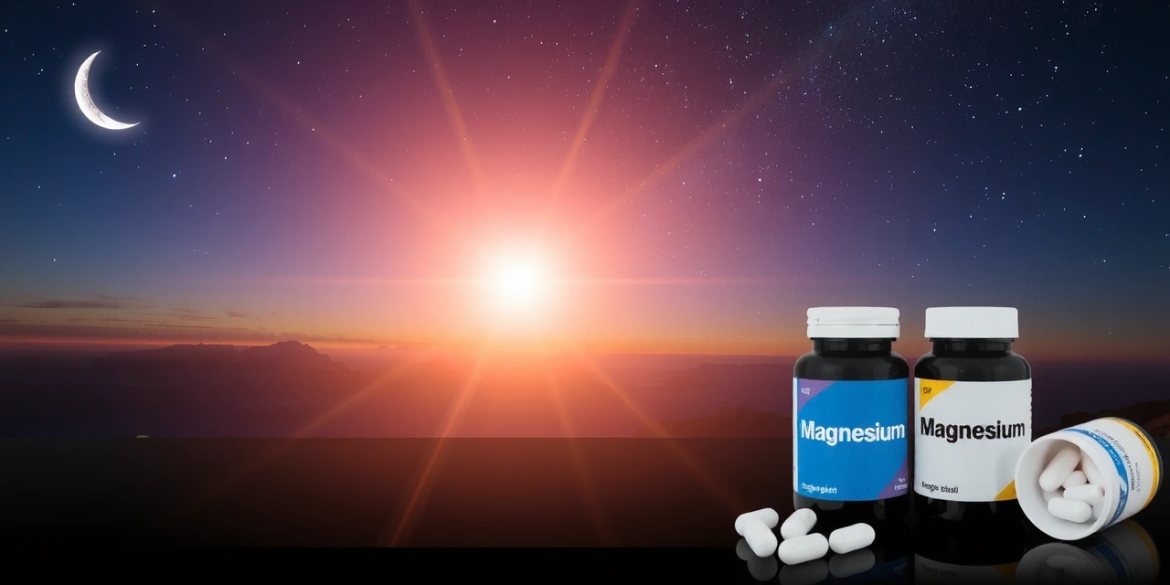 Calma scena notturna con magnesio e icona del sonno, che simboleggia un sonno migliore.