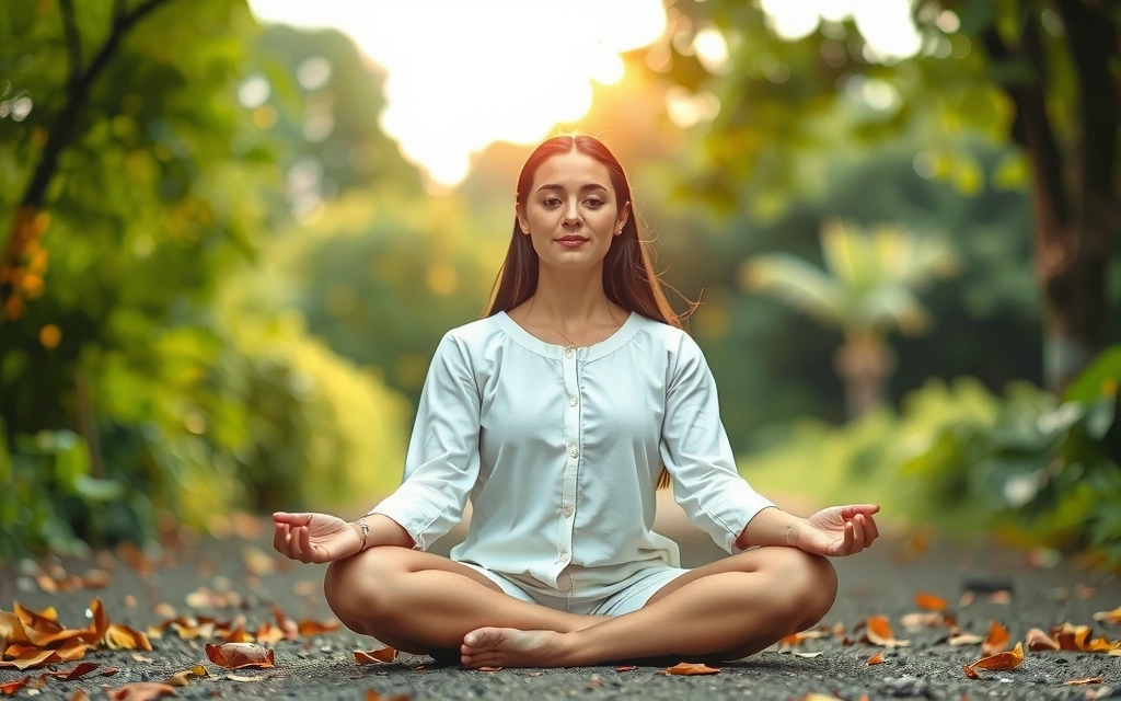 Donna serena che medita in un ambiente naturale, simbolo di equilibrio e pace interiore.