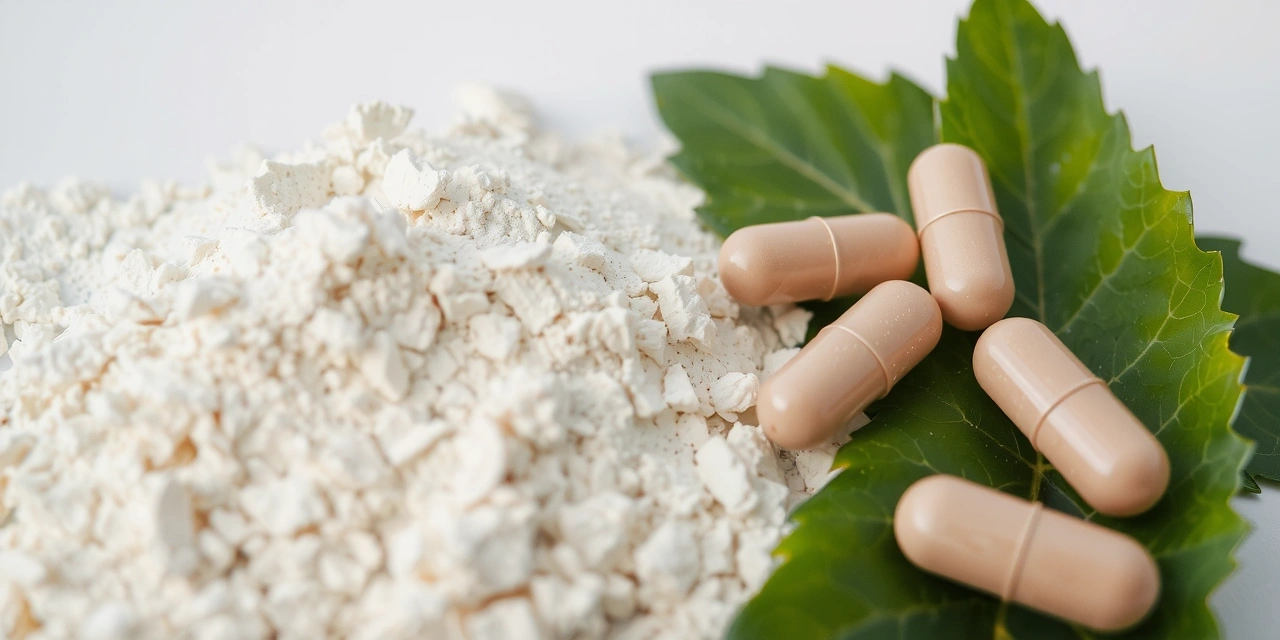 Primo piano di zinco in polvere con capsule e foglie verdi, che simboleggia i benefici per la salute.