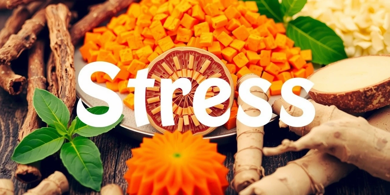Un'immagine vibrante di erbe adattogene come l'ashwagandha e il ginseng, che simboleggiano la gestione dello stress.
